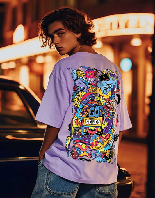 Veirdo Doodle Lilac Oversized Back Graphic Printed T-shirt